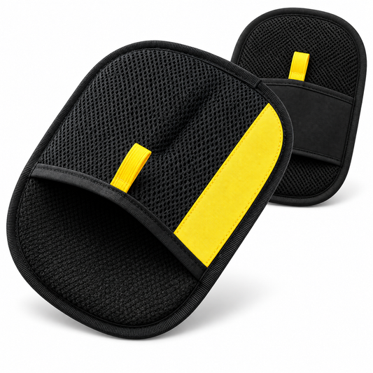 Black and yellow electrostatic pet hair removal glove on white