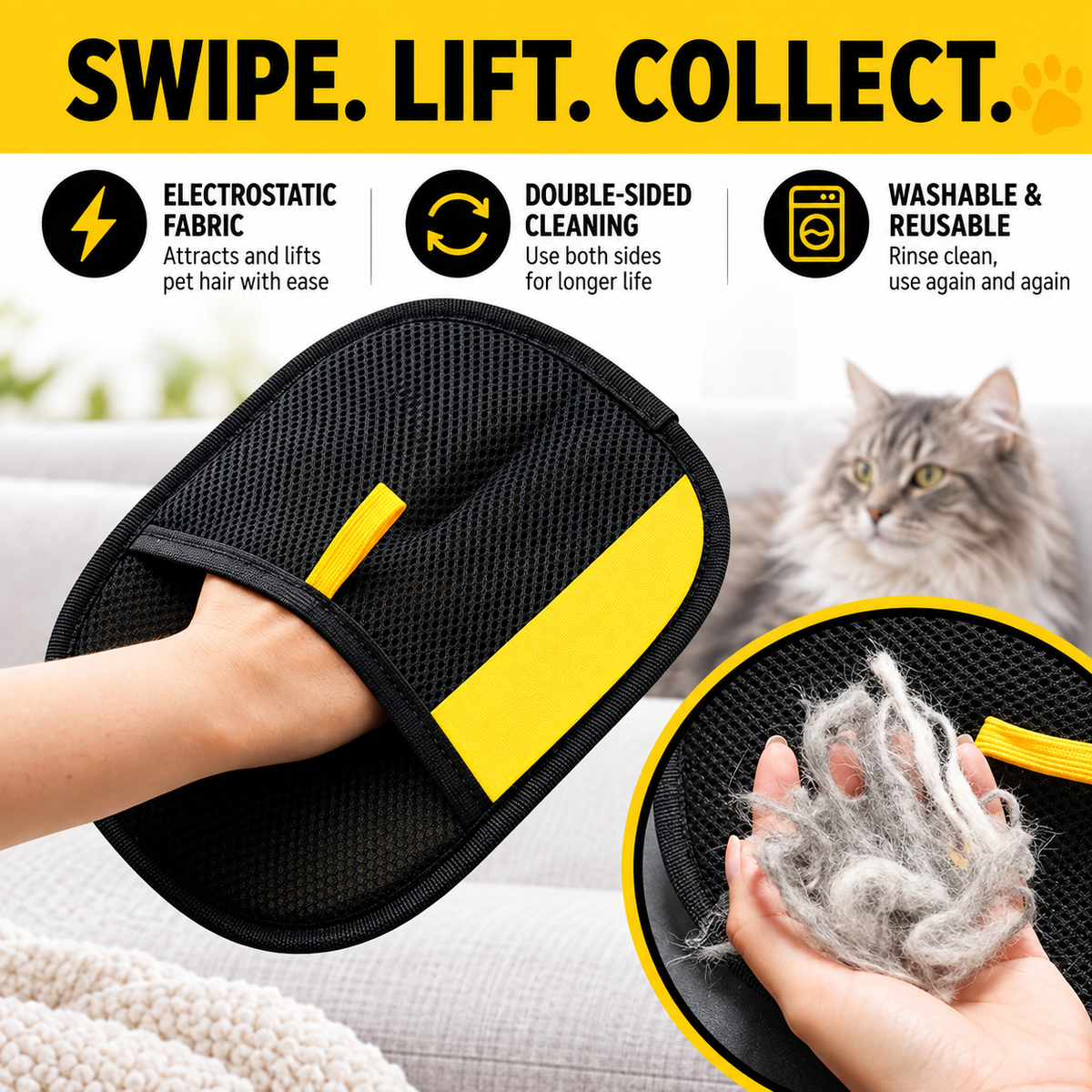 Electrostatic mitt gathers loose pet hair from fabric