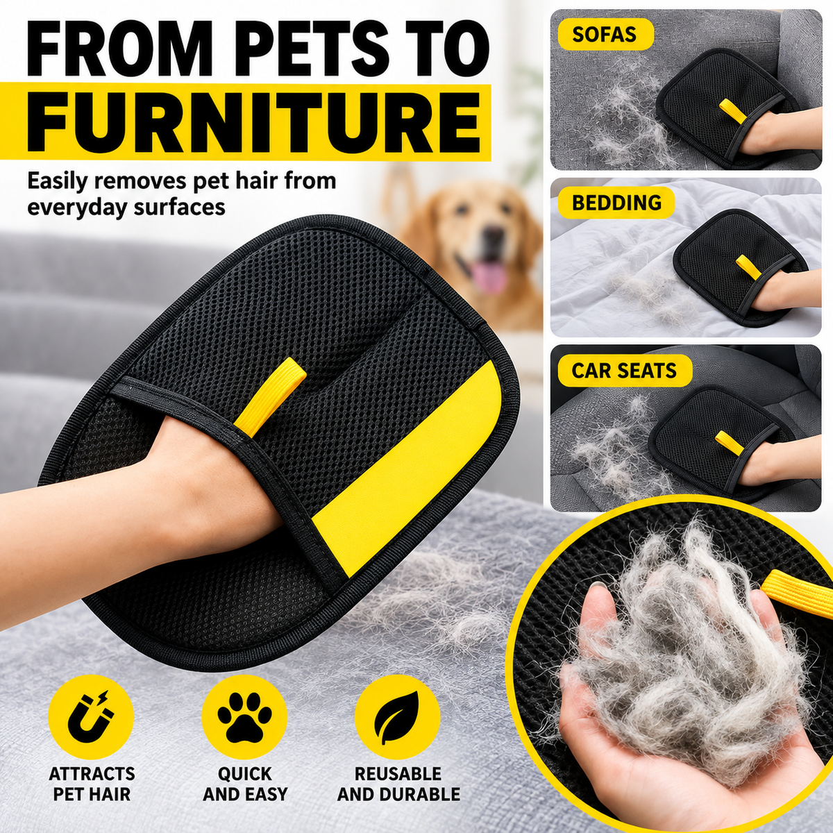 Reusable washable pet hair mitt with no sticky refills