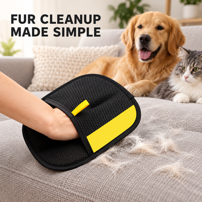Electrostatic glove removing pet hair from a sofa