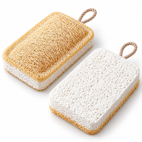 Belmorique dual-sided loofah cellulose dish sponges on a white background