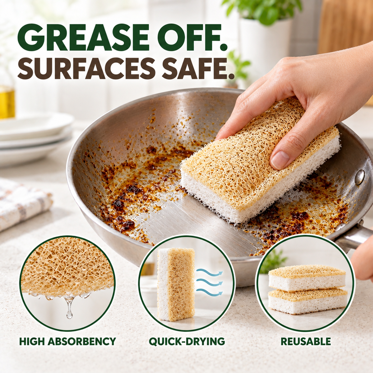 Reusable absorbent dish sponge with hanging loop