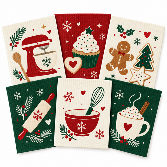 Holiday reusable cellulose kitchen cloths on a white background