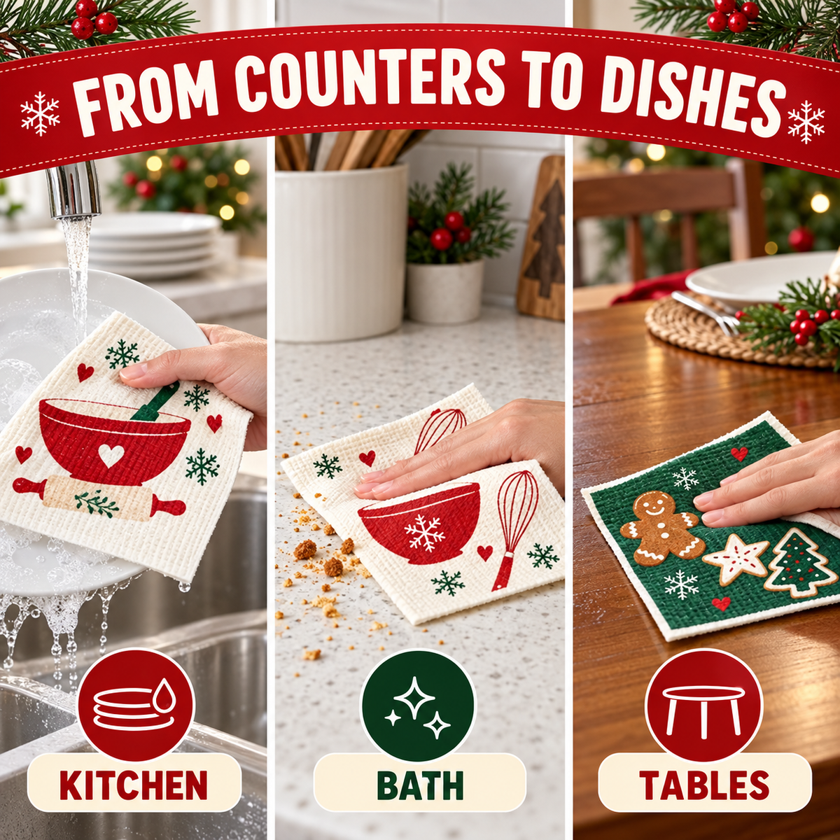 Quick-drying festive kitchen cloths for everyday cleanup
