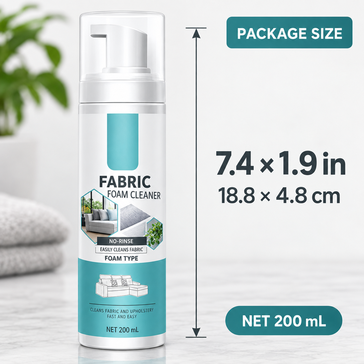 Fabric cleaner package dimensions and 200 milliliter volume