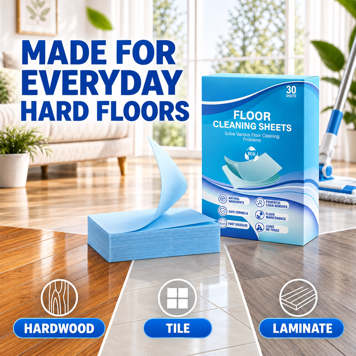 Compact floor cleaning sheets for sealed hard floors