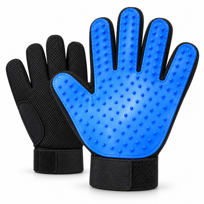 Blue and black silicone pet grooming glove on a white background