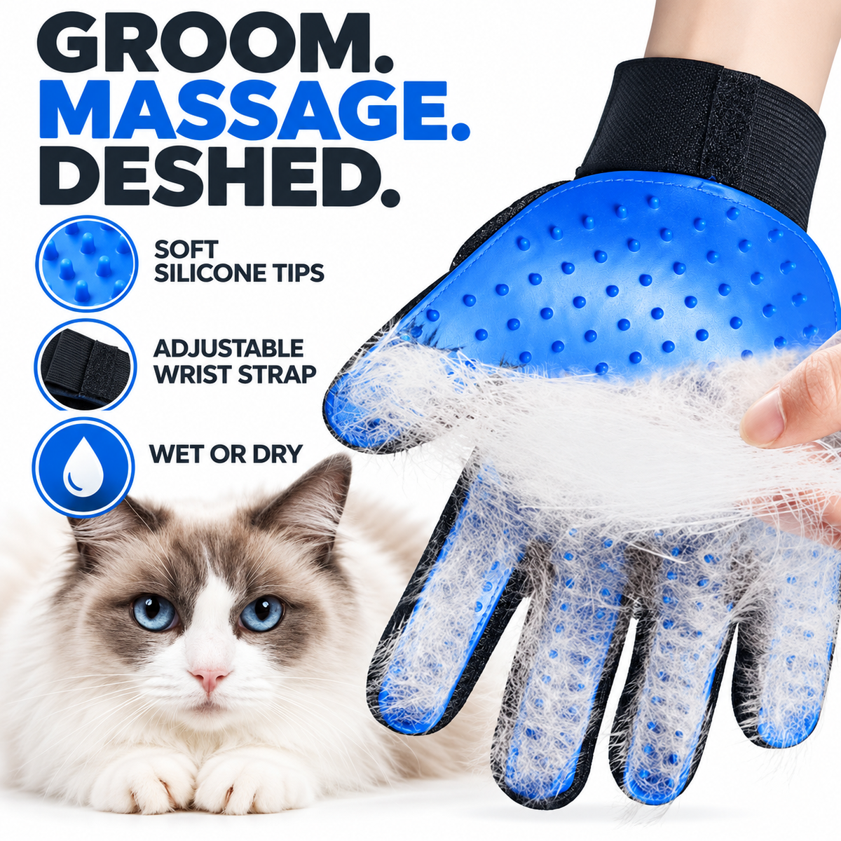 Soft silicone tips collect loose pet hair while massaging