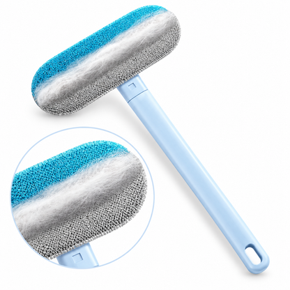 Blue long-handle pet hair removal brush on a white background