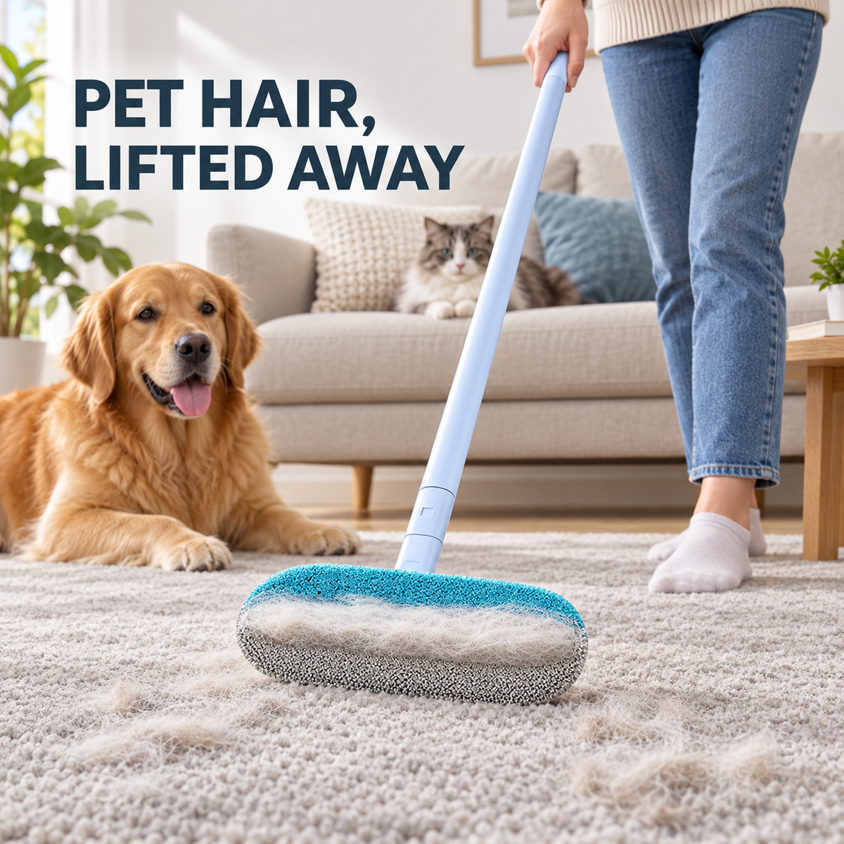 Long-handle brush removing pet hair from a rug